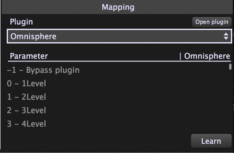 Omnisphere plugin, Gig Performer, Learn Parameter