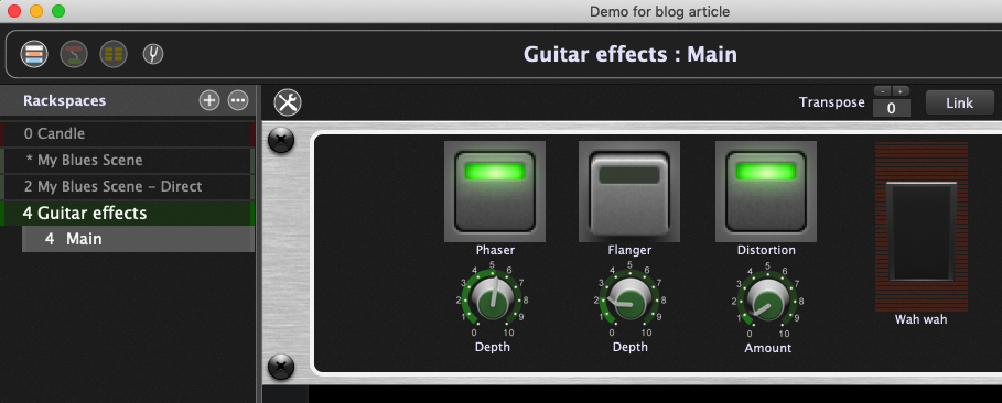 An expression pedal which is controlling a wah-wah effect, Gig Performer