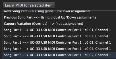 PC numbers 1-5, from an Evolution U-Control, to the first five song parts