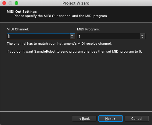 Kontakt plugin, SampleRobot Project Wizard, MIDI Out Settings