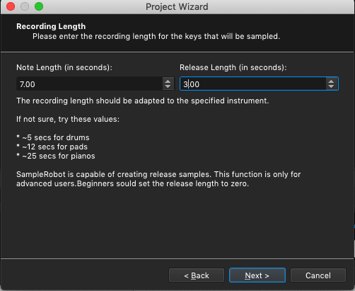 Kontakt plugin, SampleRobot Project Wizard, Recording Length