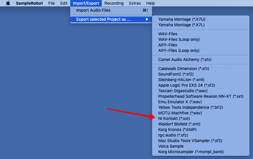 Import/Export menu, Export selected Project as ... Native Instruments Kontakt