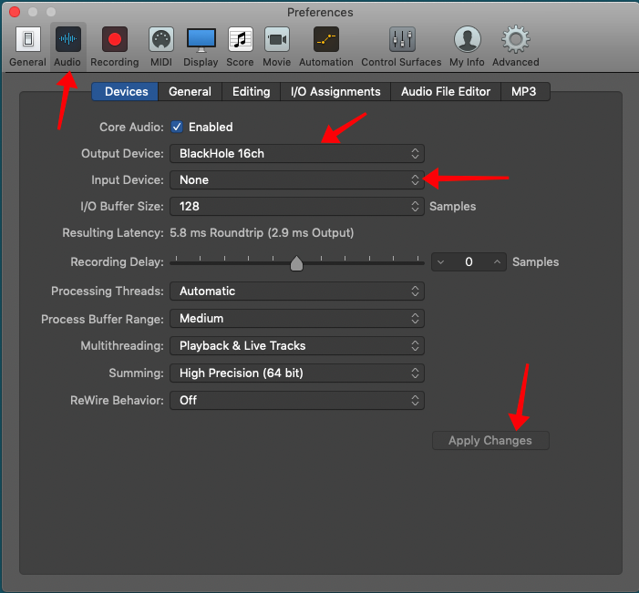 Logic Pro X Preferences, Audio, Devices