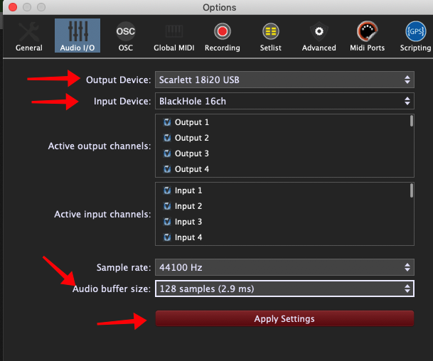 Gig Performer Options, Audio I/O, select Input and Output Device, Audio buffer size and Apply Settings