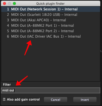Quick Plugin Finder, route MIDI events from the keyboard to the soft synth on Track 1 in Logic