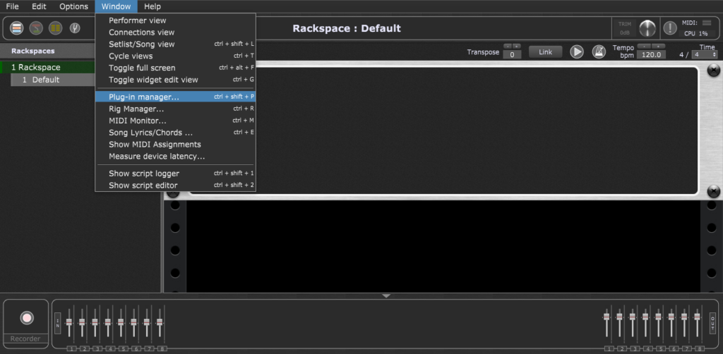 Gig Performer, Window Menu, Plugin Managerr