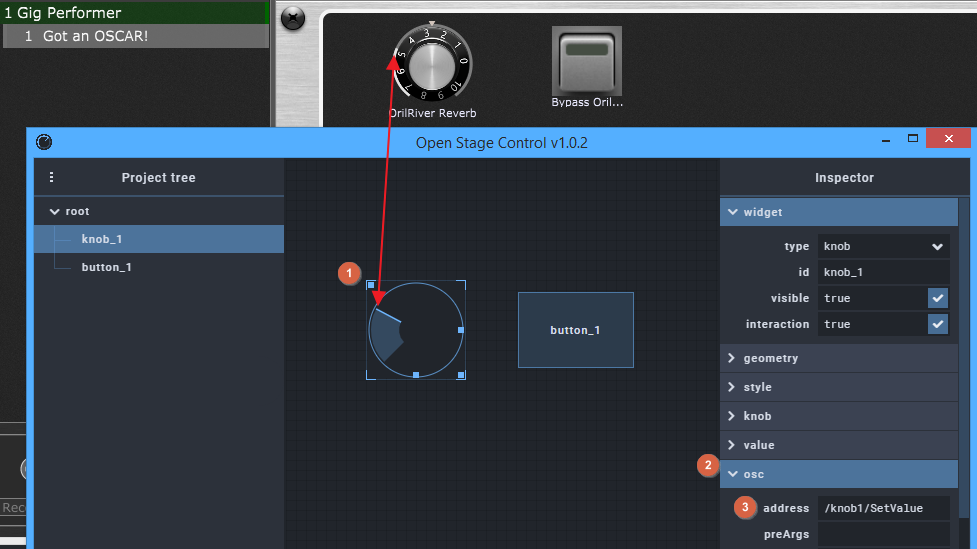 Open Stage Control, knob widget sends OSC to Gig Performer