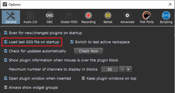 Gig Performer VST host General Options Load last GIG file on startup