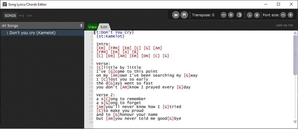 Chord Editor in Gig Performer, Edit Chordpro files