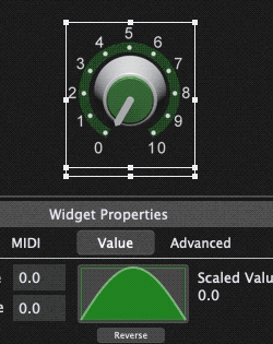 See changes in widget value vs scaled value, widget curve scaling system, Gig Performer 4