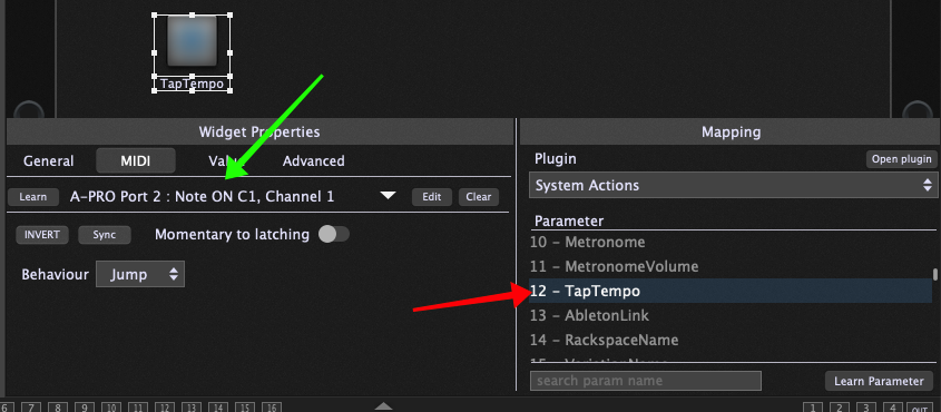 TapTempo parameter in the System Actions plugin block in Gig Performer 4