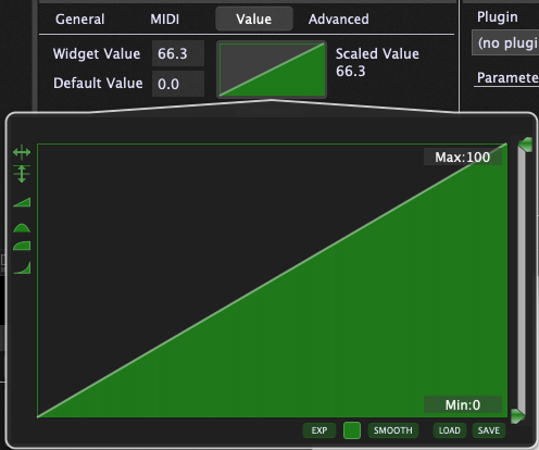 Click on the triangle to show a larger display, widget scaling mechanism, Gig Performer 4