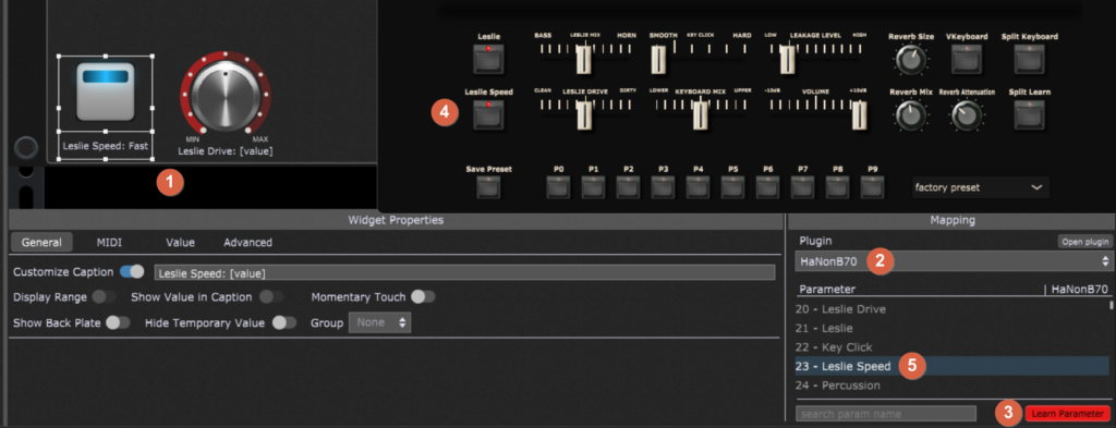 Gig Performer widgets for controlling Leslie parameters (speed, distortion)