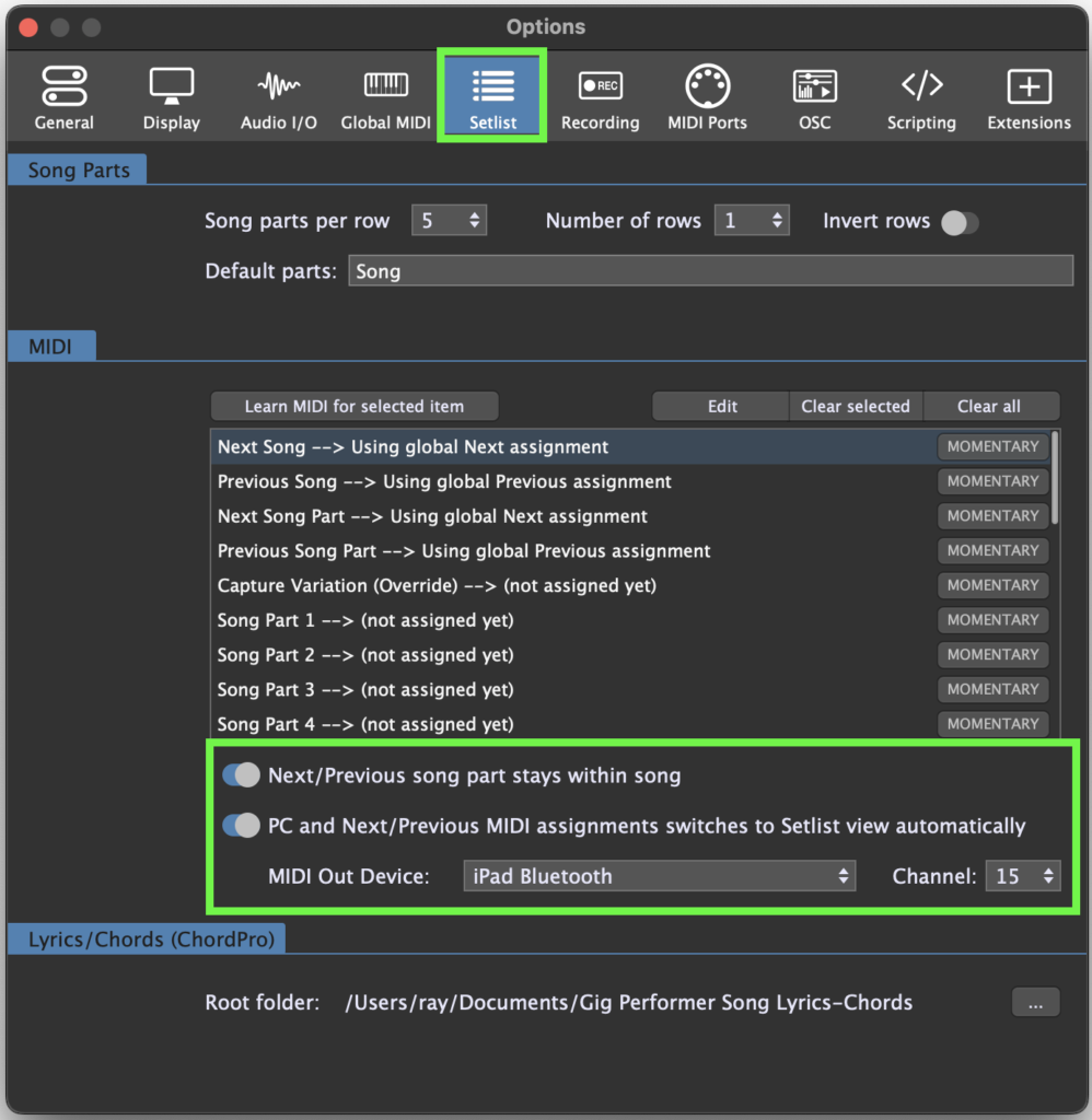 Configuration of Gig Performer Setlist Options for BandHelper integration