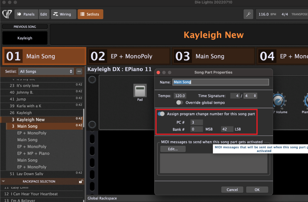 Defining Program Change with bank messages (MSB and LSB) in Gig Performer's Song Part Properties