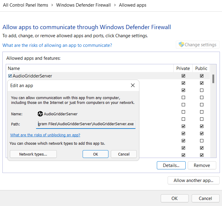 Allow AudioGridder through the Windows Firewall