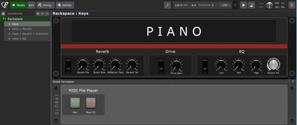 Gig Performer rackspace with four variations. It includes a Panel and the Global panel