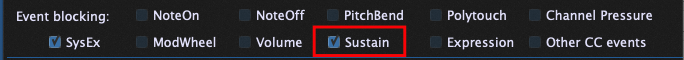 Event blocking in Gig Performer; Check the Sustain box.