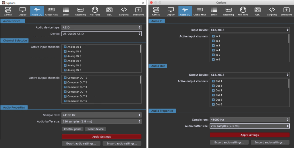 Gig Performer Audio Options for Windows and macOS