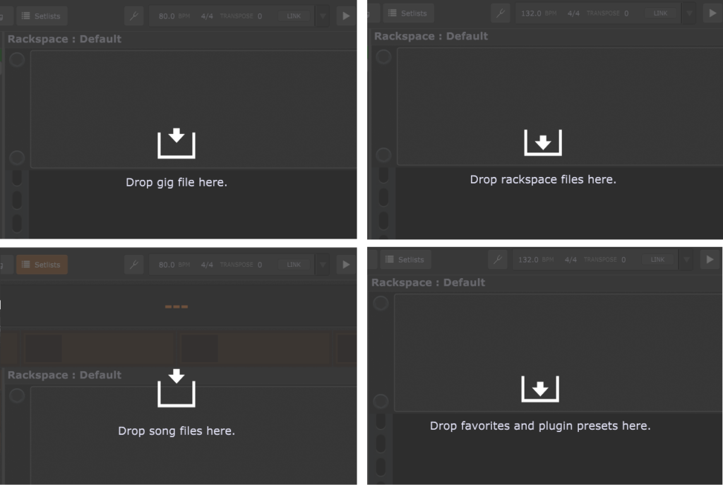 Easily import gig files, rackspaces, songs, favorites or presets using the Drag 'n' Drop technique
