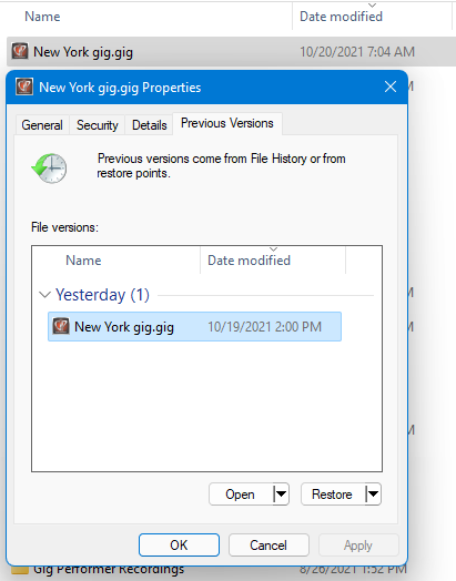 File History, Previous Versions of gig files in Gig Performer