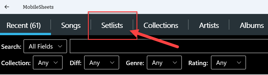 The Setlists tab in MobileSheets