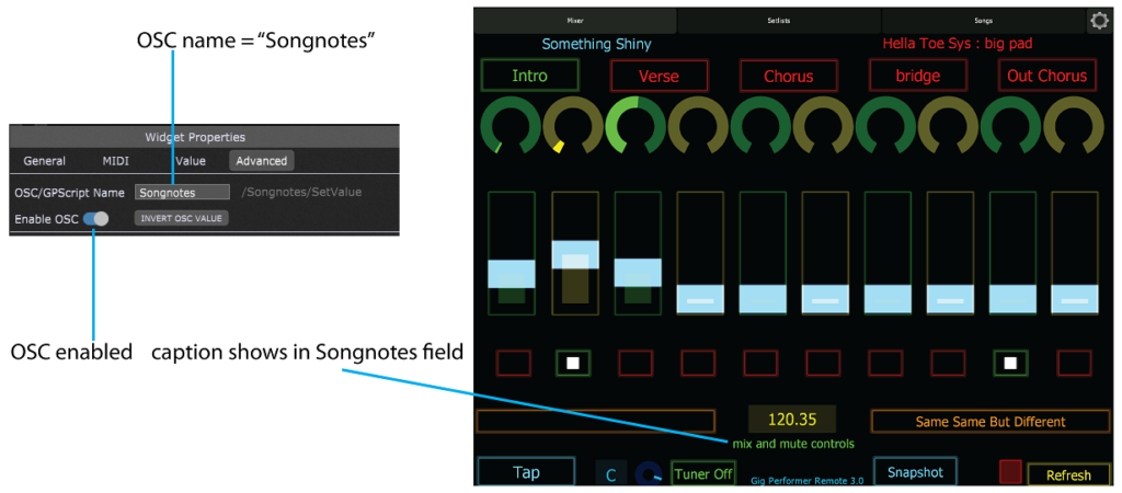 Lemur OSC application and Gig Performer - label and songnotes