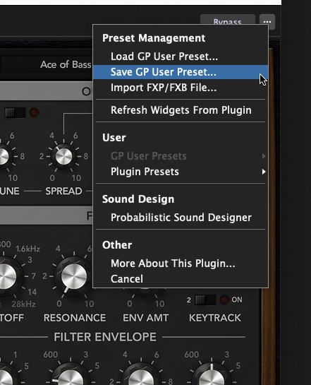 The Gig Performer Plugin editor Menu