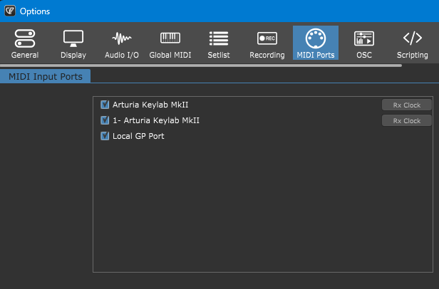 MIDI Ports Options in Gig Performer, showing two identical Arturia Keylab devices