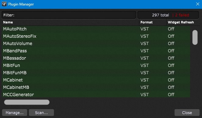Plugin Manager with increased scroll bar width
