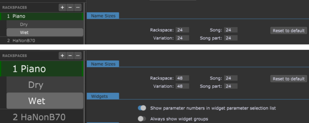 Adjusting Rackspace and Variation size: 24pt vs 48pt in Gig Performer Options