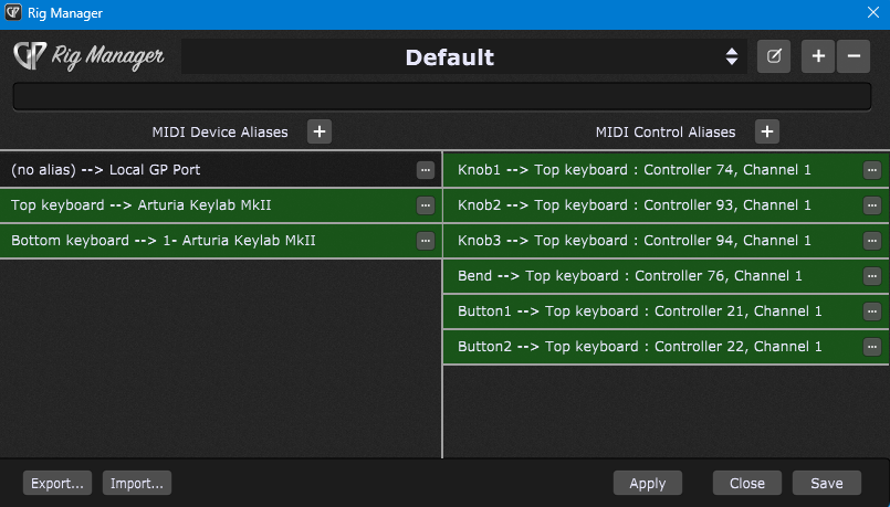 The Rig Manager with two identical Arturia Keylab controllers, where aliases are defined
