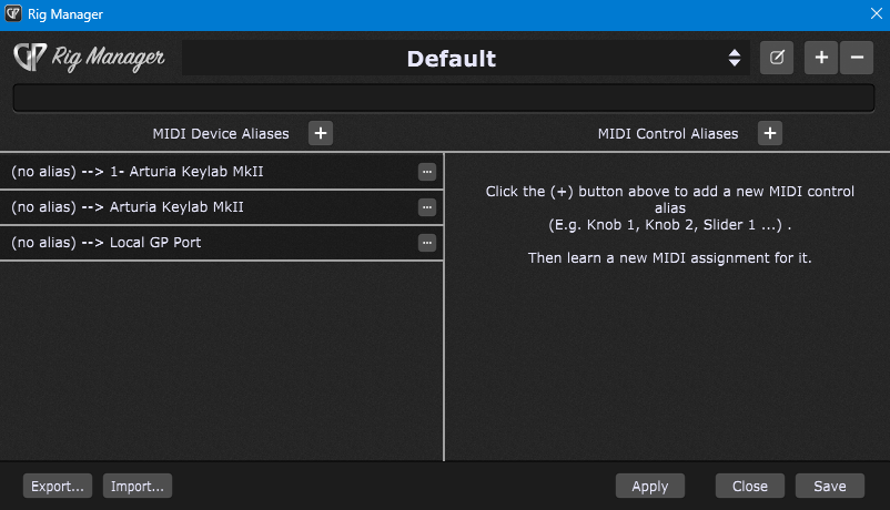 The Rig Manager with two identical Arturia Keylab controllers (without aliases)